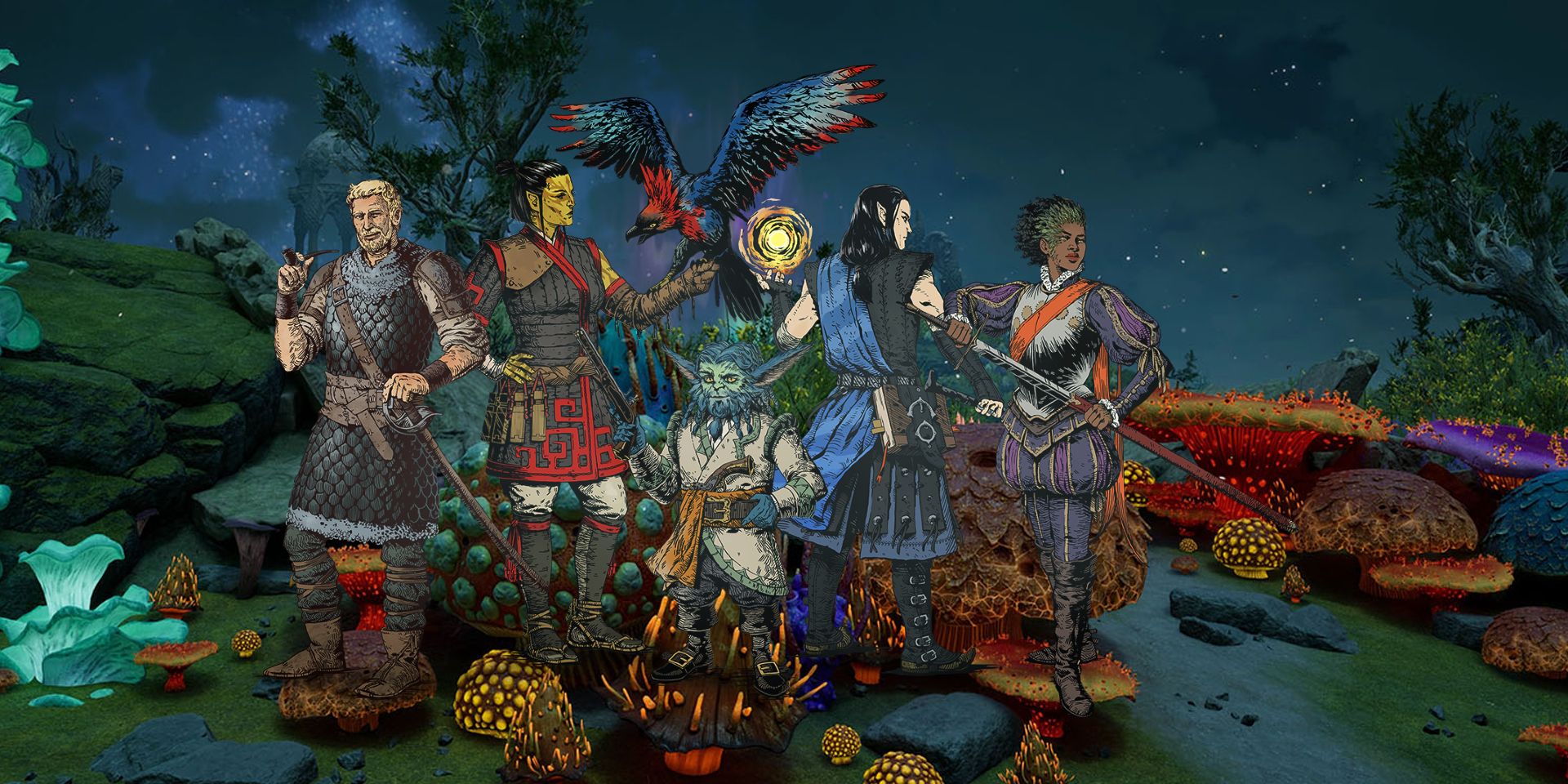 The main cast of Pillars of Eternity II: Deadfire in the Living Lands setting of Avowed