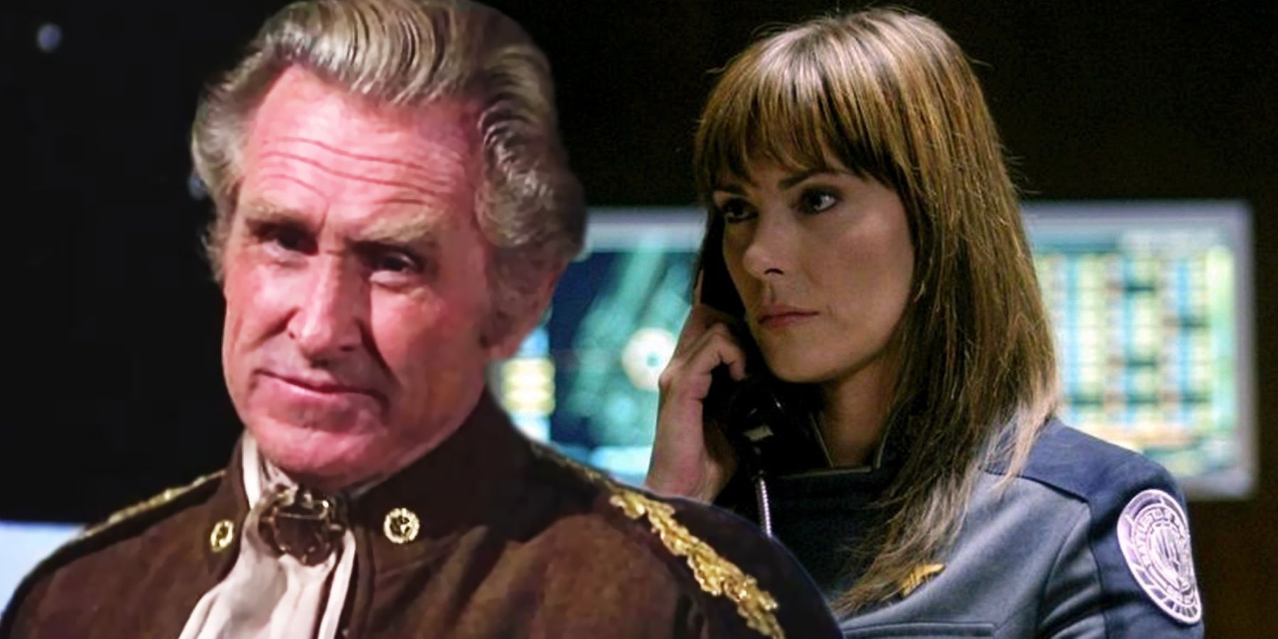 Lloyd Bridges and Michelle Forbes as Cain in Battlestar Galactica