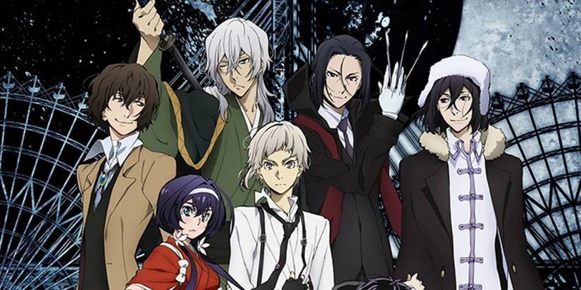 Bungo Stray Dogs main cast standing next to each other, with many of them grimacing.