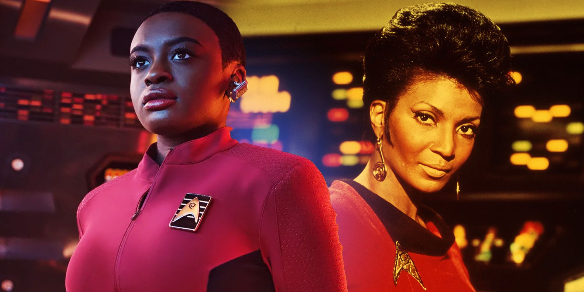 Celia Rose Gooding and Nichelle Nichols as Nyota Uhura in Star Trek: Strange New Words and The Original Series respectively.
