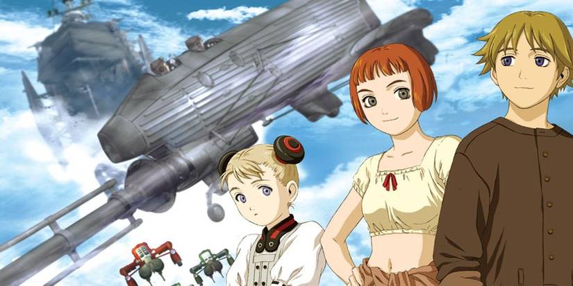 Last Exile's Claus and Lavie standing in front of the sky and airships with confident looks.