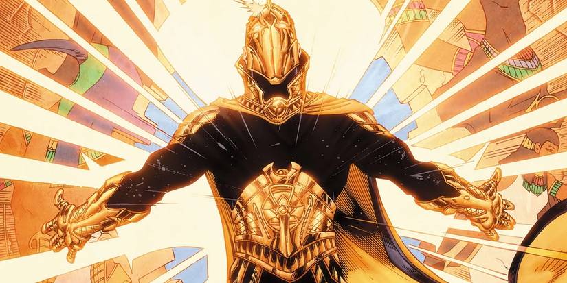 Doctor Fate in front of a blast of golden light in DC Comics