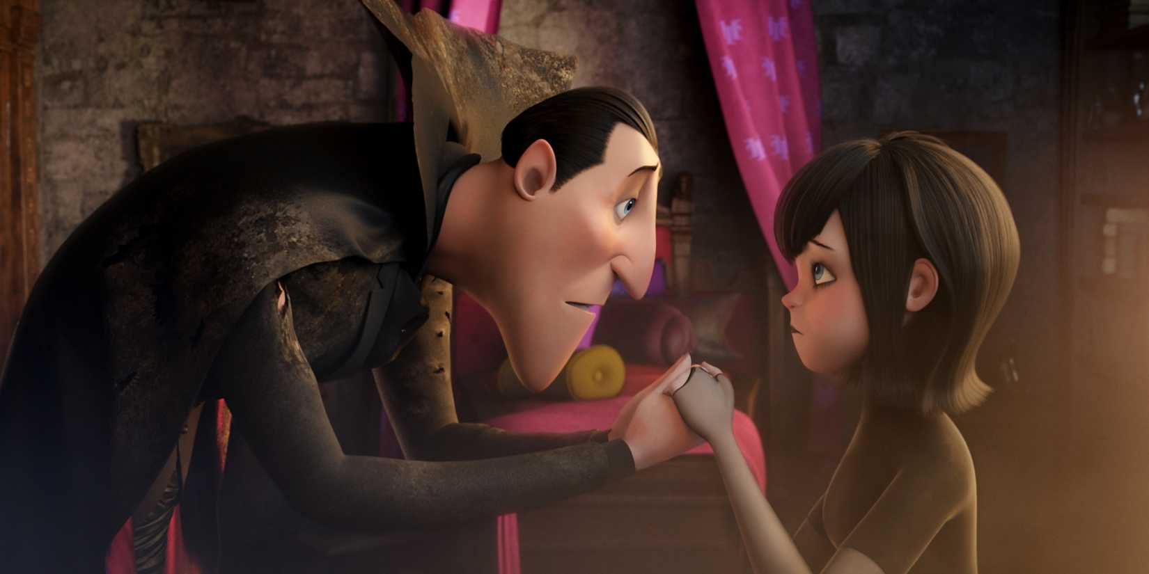 Drac talks to Mavis while holding her hands in Hotel Transylvania