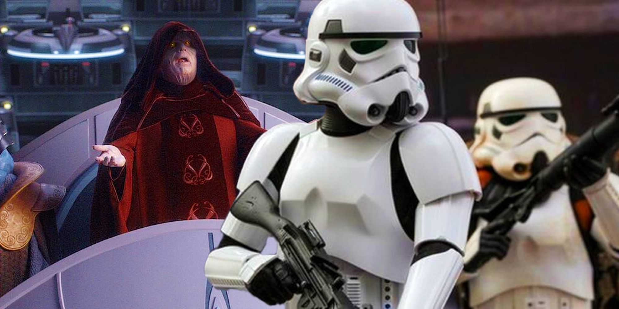 Palpatine discursando para o Império no Senado ao lado dos Stormtroopers de Star Wars