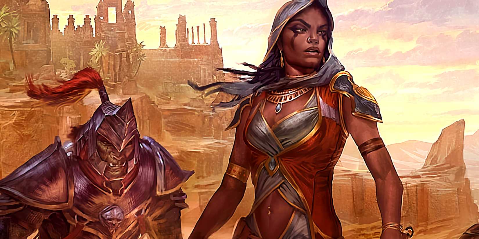 Hammerfell from Elder Scrolls with woman rogue in the foreground and an orc in the background.