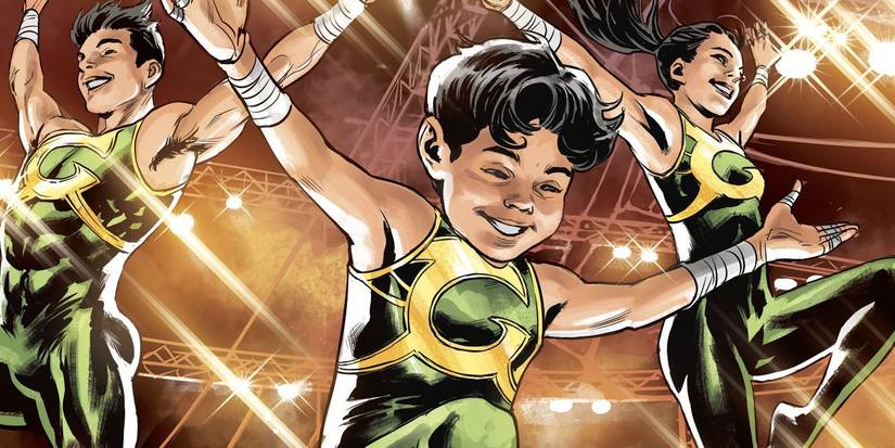 Comic book art: a young Dick Grayson with the Flying Graysons.