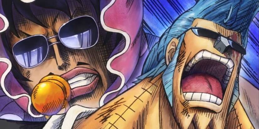 Anime image from One Piece showing Franky yelling with a determined Senor Pink behind him.