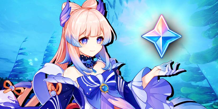 Genshin Impact's Kokomi is slightly on the left, looking at her hand on the right. Hovering over her hand is a Primogem.