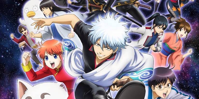 Gintama's main cast in a key visual against a galaxy speckled background.