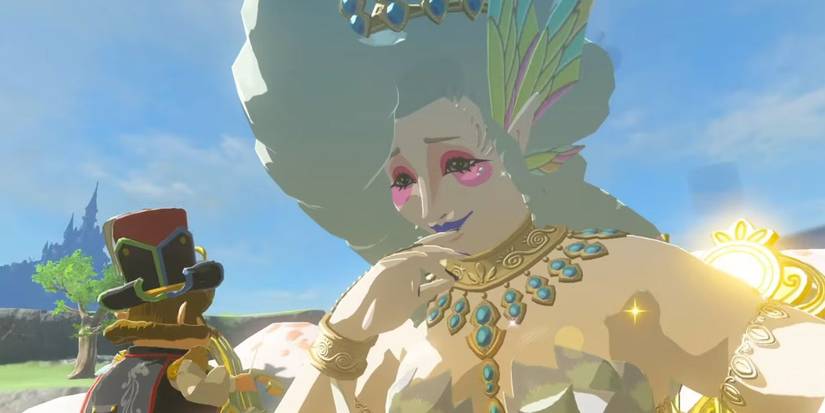 A Great Fairy smiling and looking down upon a character in Tears of the Kingdom.