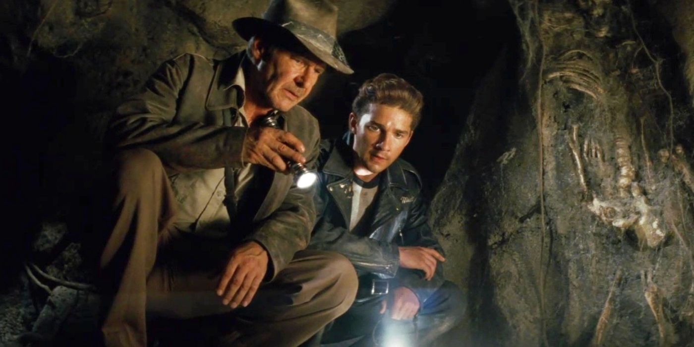 Harrison Ford and Shia LaBeouf look down at something in Indiana Jones and the Kingdom of the Crystal Skull.