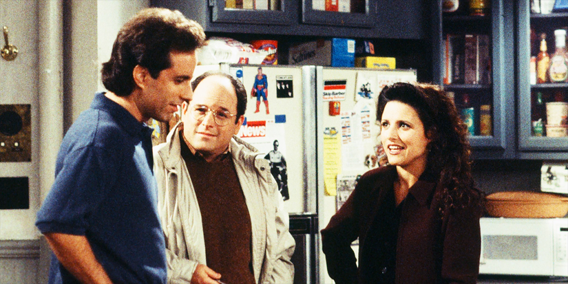 Jerry, George and Elaine talk in Jerry's kitchen in Seinfeld