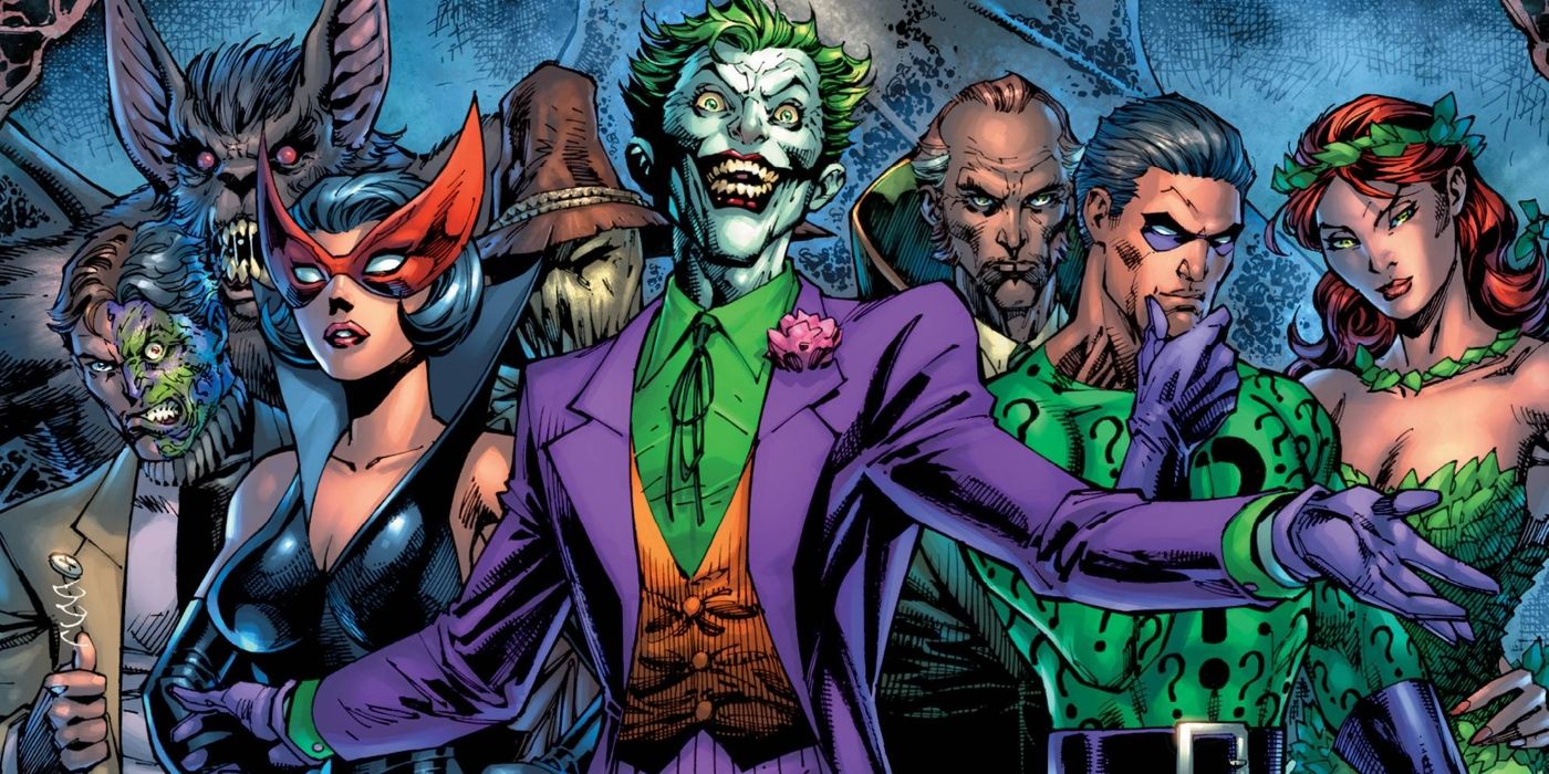 Joker surrounded by Batman Villains in DC comics