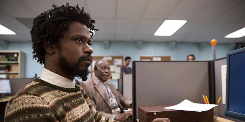 LaKeith Stanfield's Cash in the office call center in Sorry to Bother You by Boots Riley.