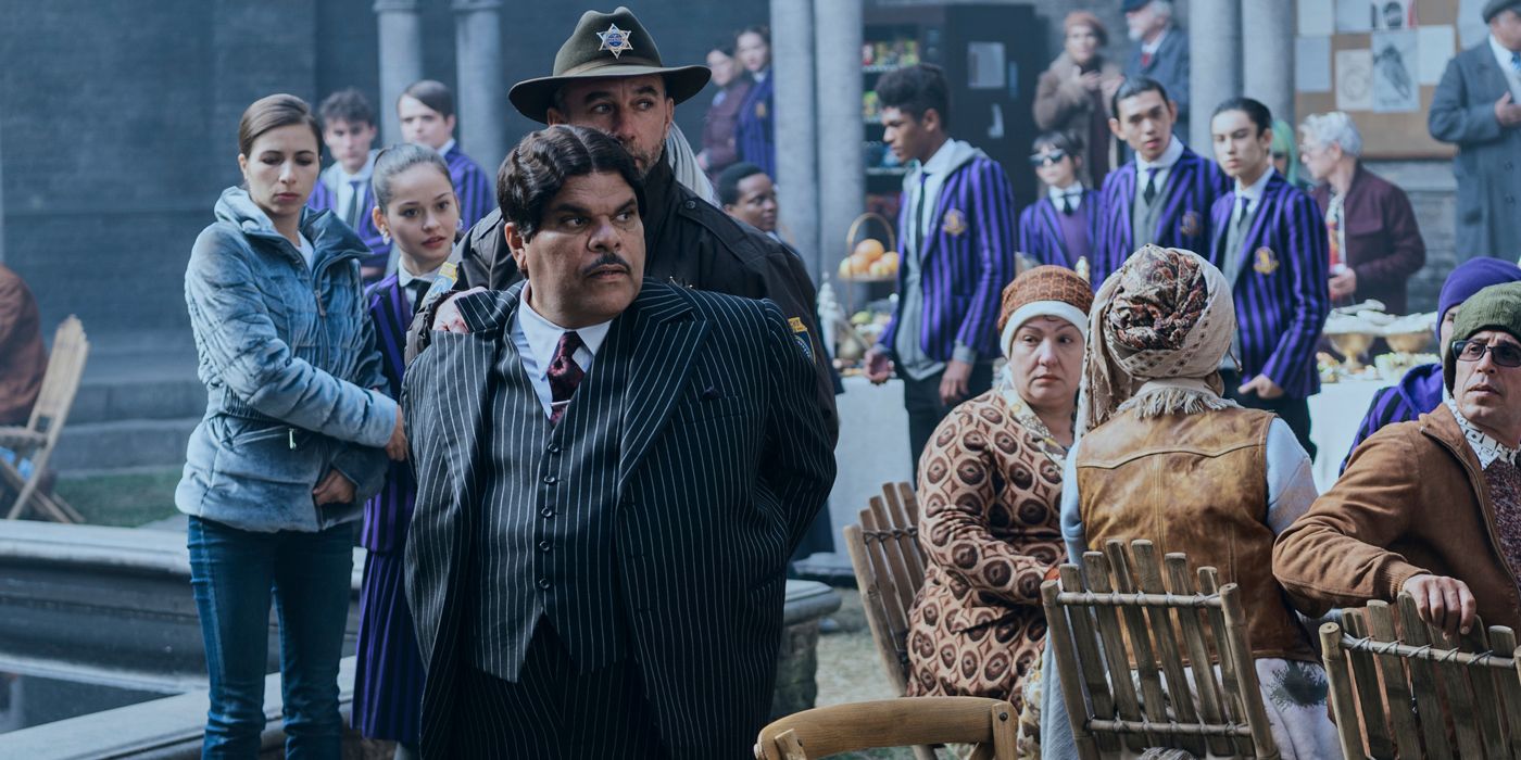 Gomez Addams (Luis Guzmán) getting arrested at Nevermore Academy in Wednesday.