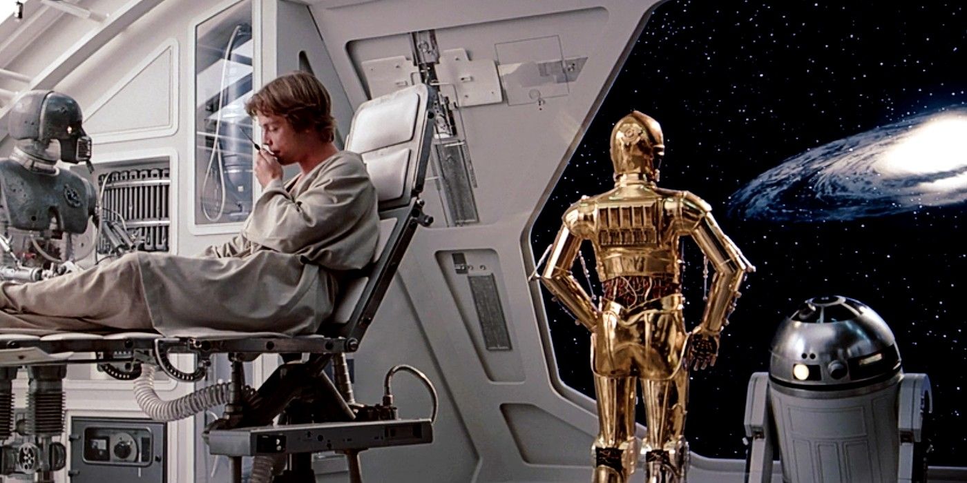 Luke Skywalker sitting with a medical droid getting a new hand as R2-D2 and C-3PO look out the window into space