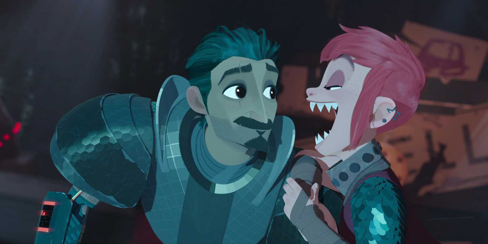 Nimona showing her teeth to Ballister