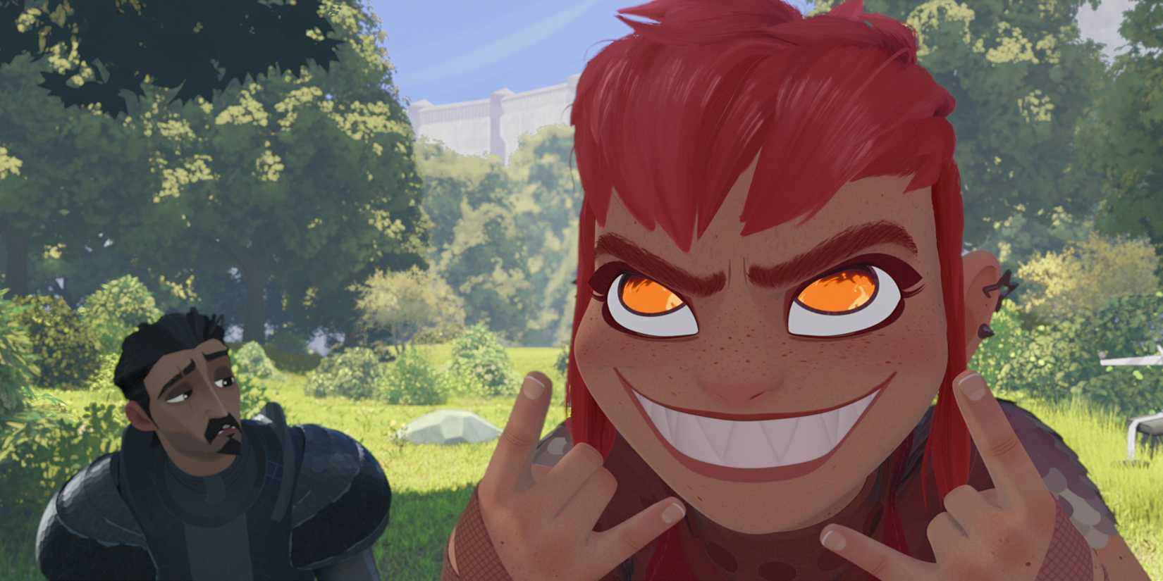 Nimona smiling mischievously in Nimona