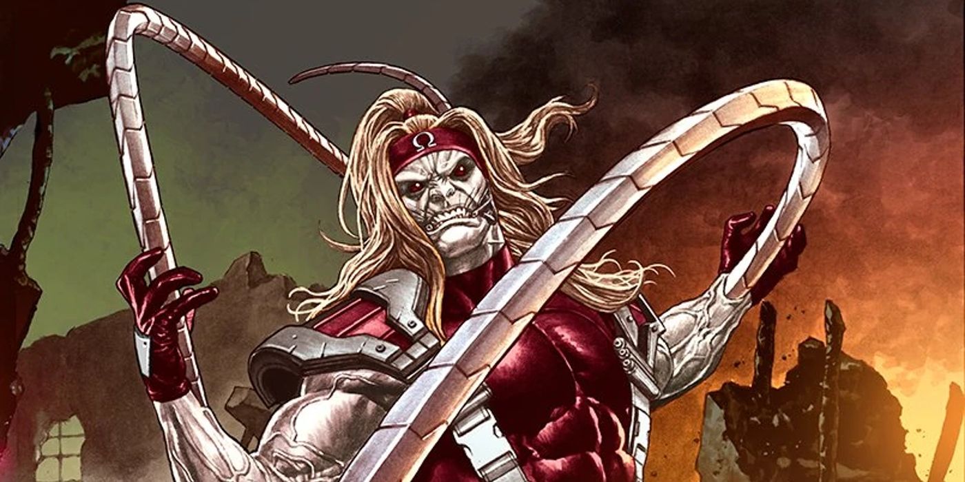Omega Red in front of a fire in a Marvel Comic