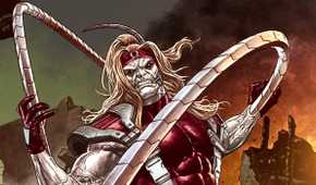 Omega Red in front of a fire in a Marvel Comic