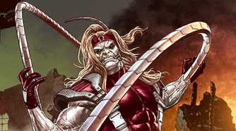 Omega Red in front of a fire in a Marvel Comic