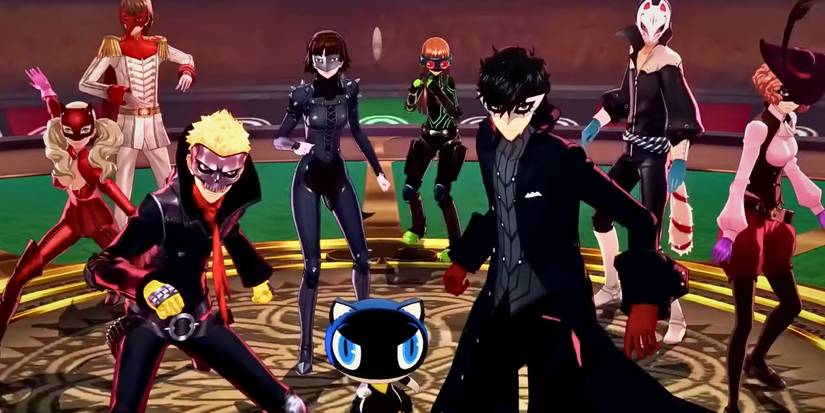 Joker, Ann, Ryuji, Morgana and more from Persona 5 standing in a group in their outfits. 