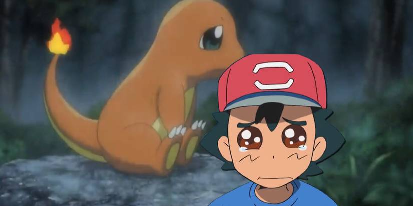 Pokemon's Ash crying in front of Charmander in the rain