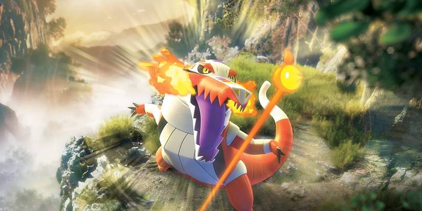 Skeledirge roaring in the forest in a Pokemon TCG art.