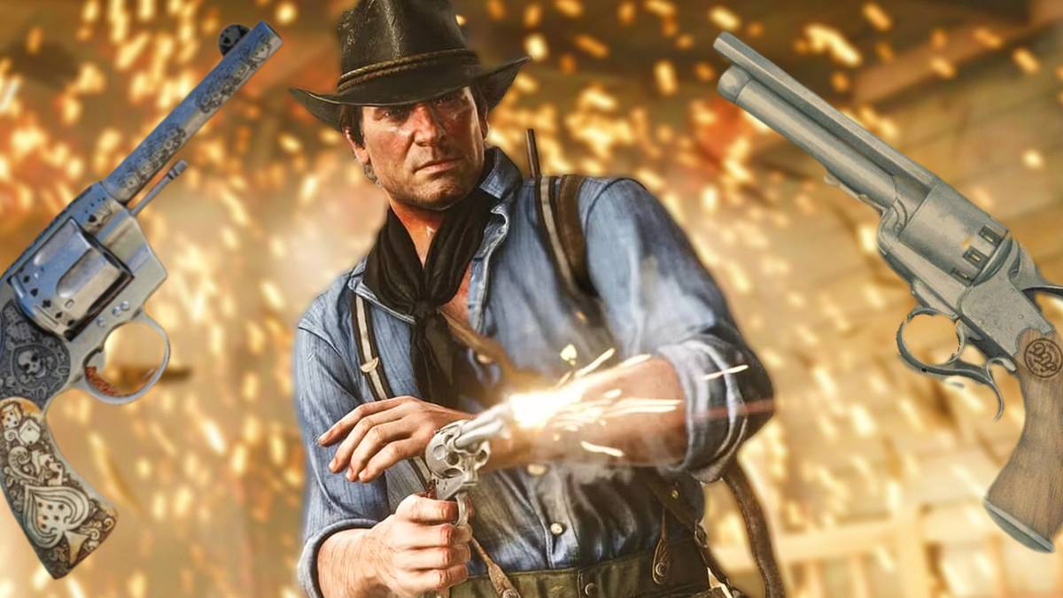 Arthur Morgan from RDR2 shooting a pistol as sparks fly behind him. Two rendered revolvers are to either side.