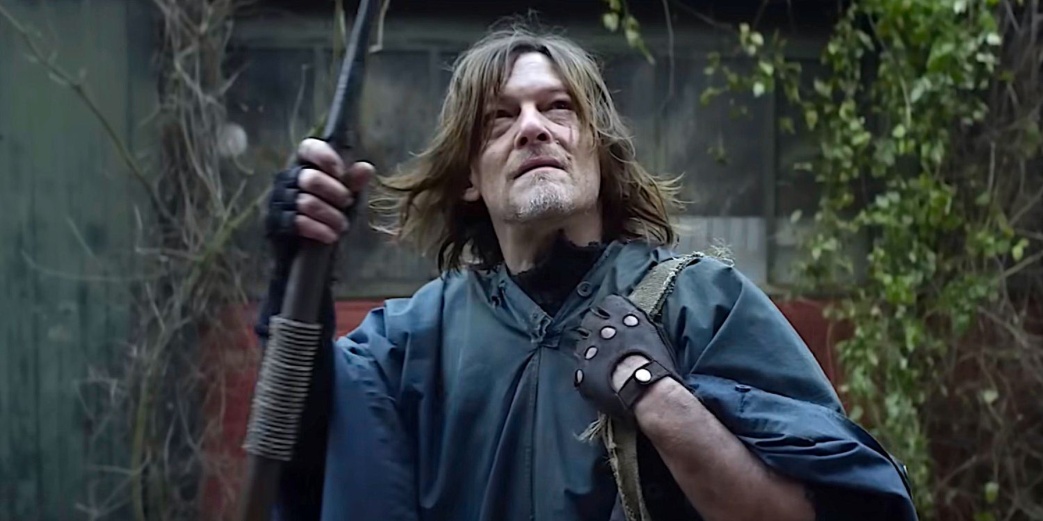 Daryl looking up with a walking stick in The Walking Dead Daryl Dixon