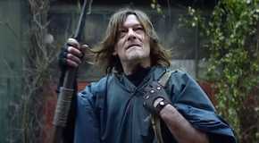 Daryl looking up with a walking stick in The Walking Dead Daryl Dixon
