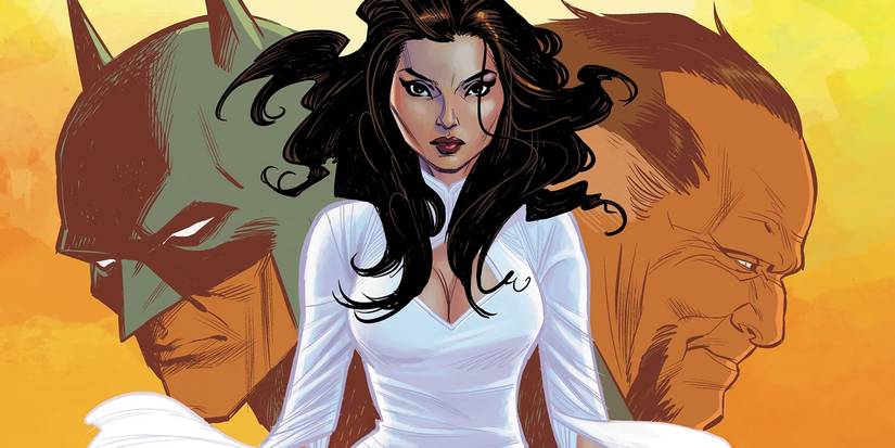 Comic book art: Talia al Ghul in a white top stands between Batman and Ra's al Ghul.