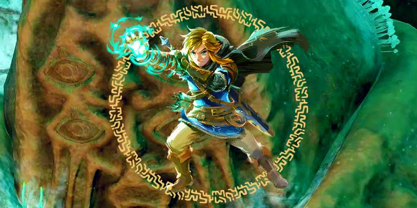 Artwork of Link holding his Zonai arm straight out, surrounded by a ring of glyphs in front of a background showing one of the Bargainer Statues in Tears of the Kingdom's Depths.