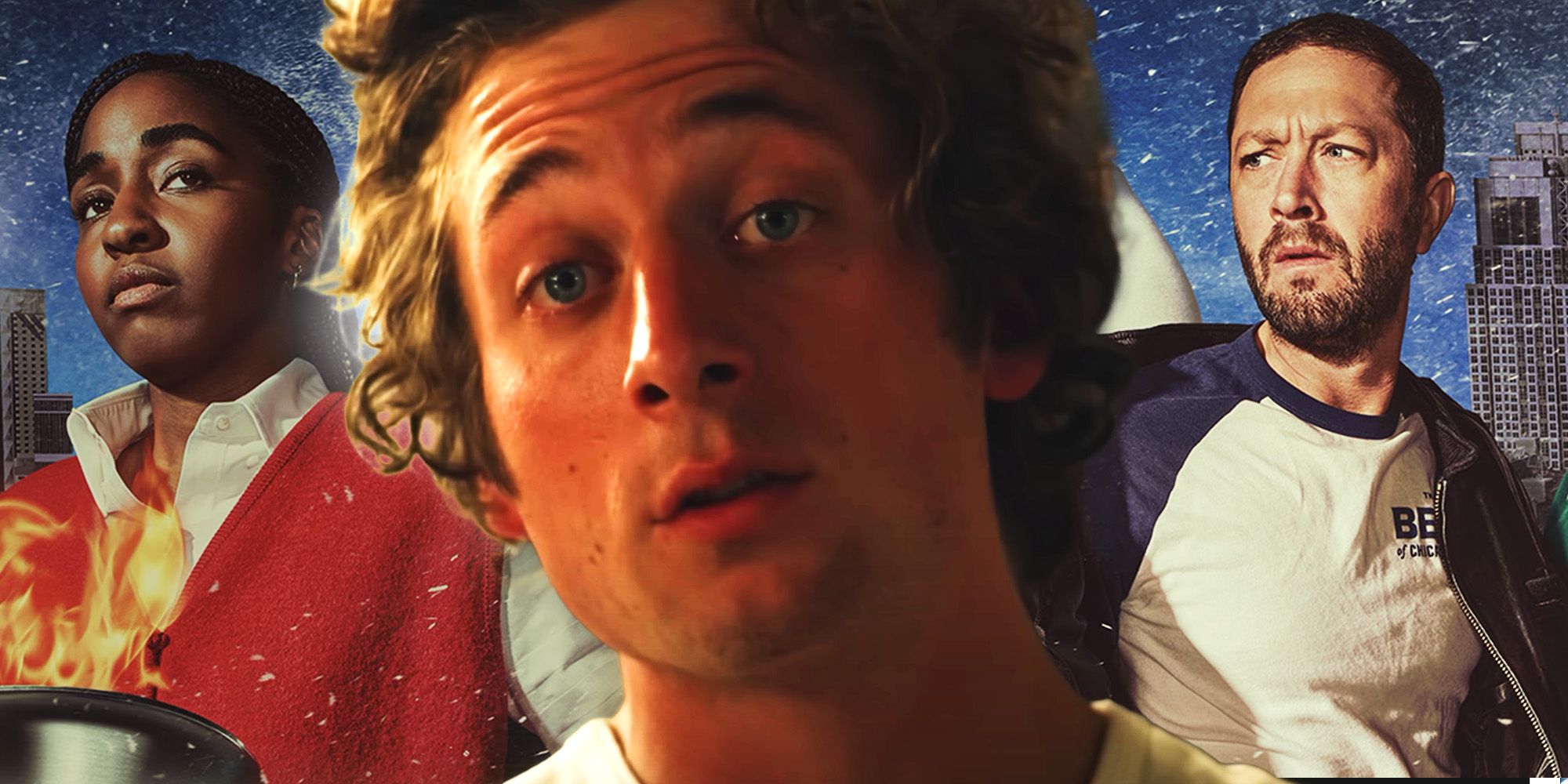 Композитное изображение Карми, наложенное на фотографии Сидни и Ричи из «The Bear»