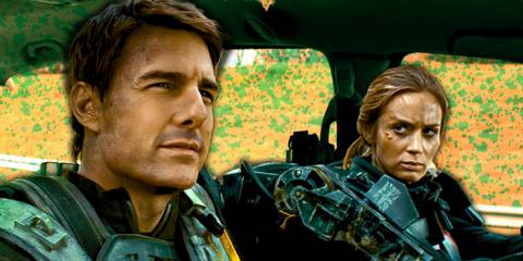 Tom Cruise and Emily Blunt in Edge of Tomorrow riding in a car with a composite background of green and orange dots