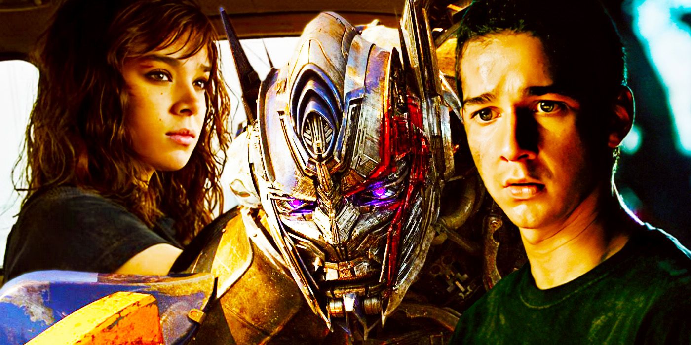 Charlie (Hailee Steinfeld) and Sam (Shia LaBeouf) stand to the side of Bumblebee and Optimus Prime
