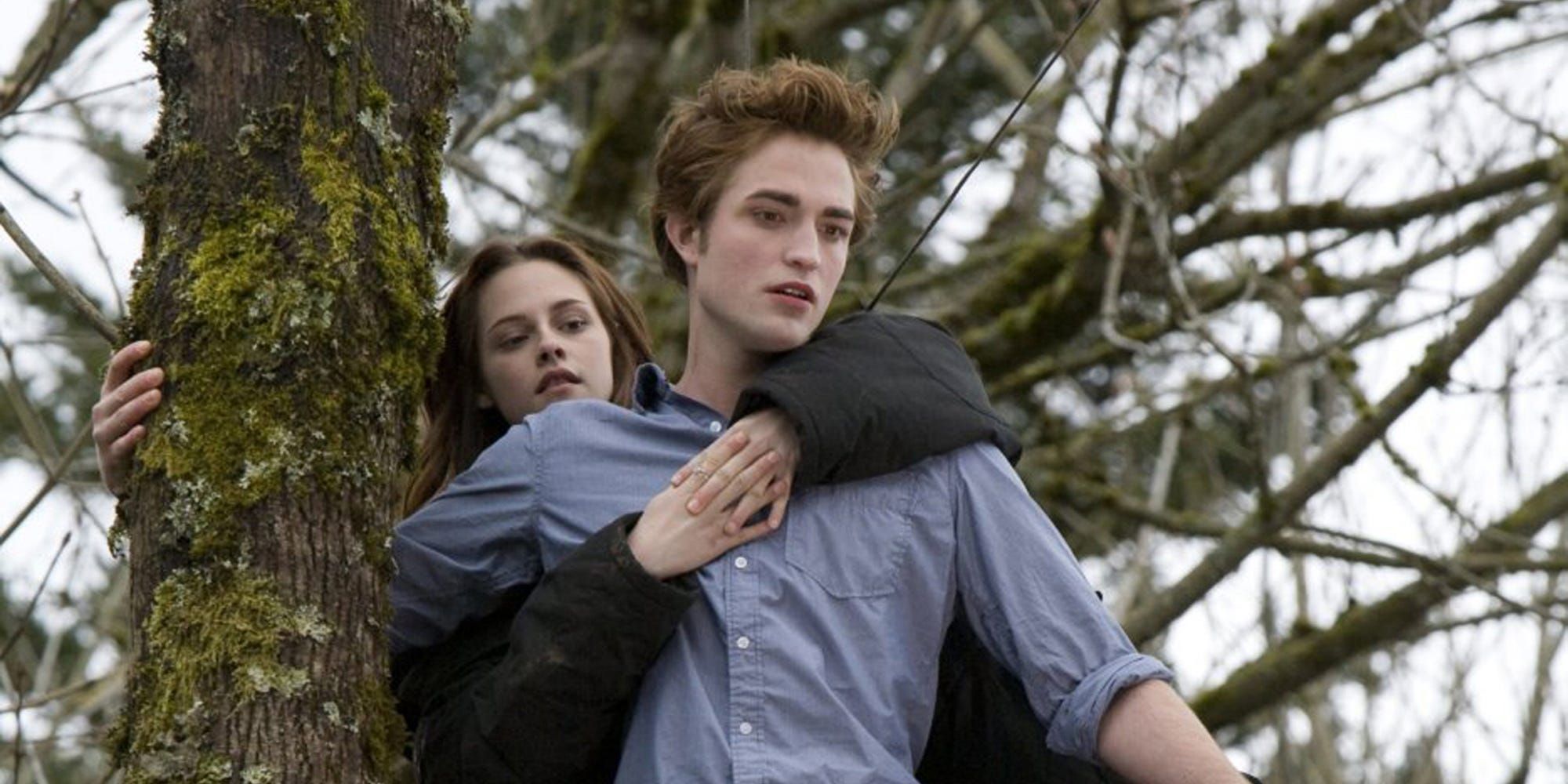 Kristen Stewart behind Robert Pattison with her arms around his chest as the pair sit perched up in a tree in Twilight.