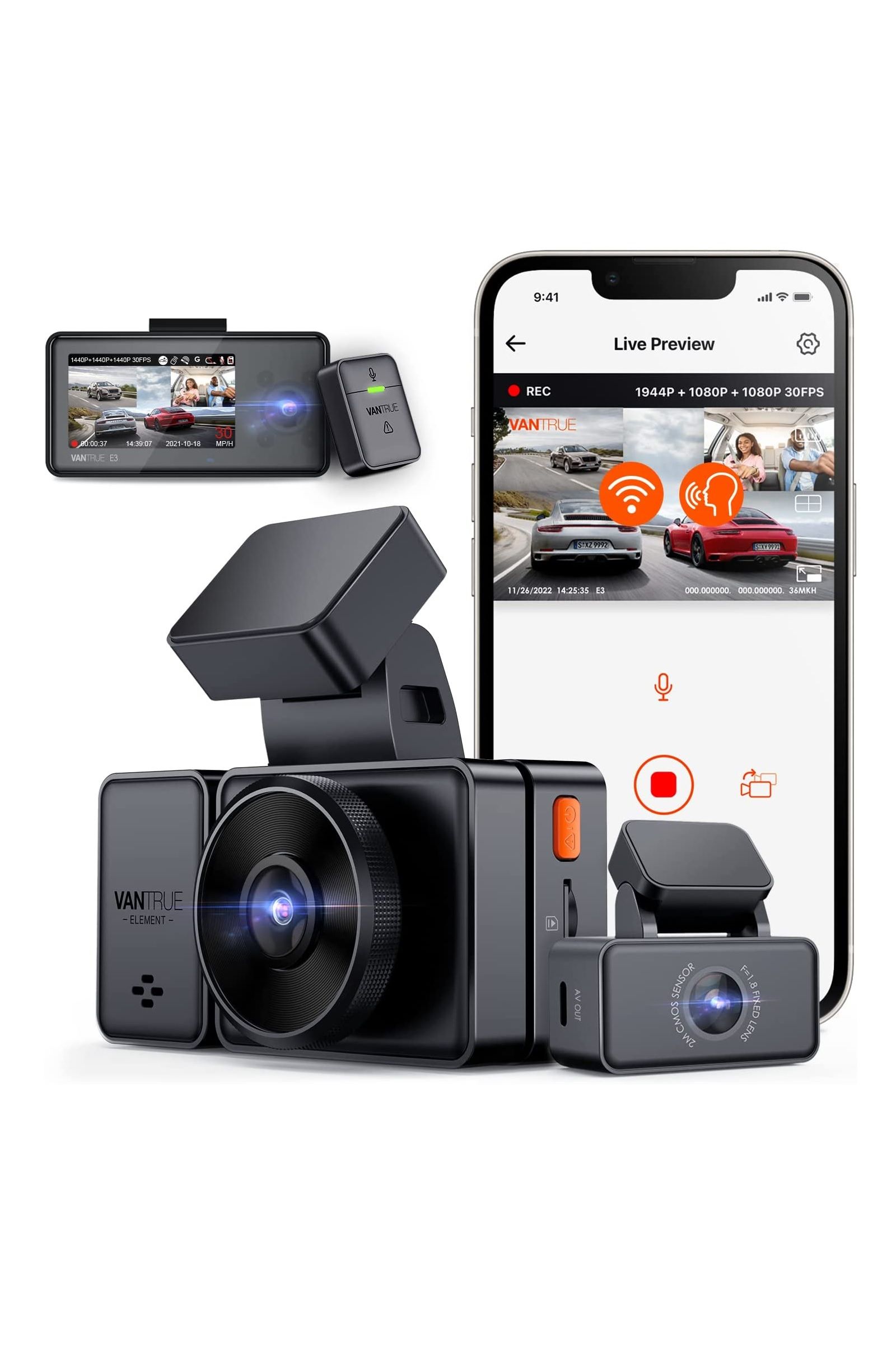 COOAU 3 Channel Dash Cam WiFi, 2.5K+1080P+1080P Front and Rear