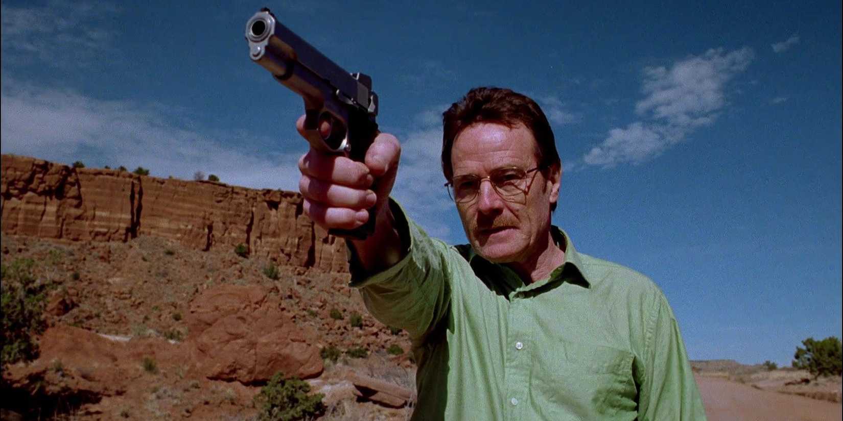 Walter White raising a gun in the Breaking Bad pilot