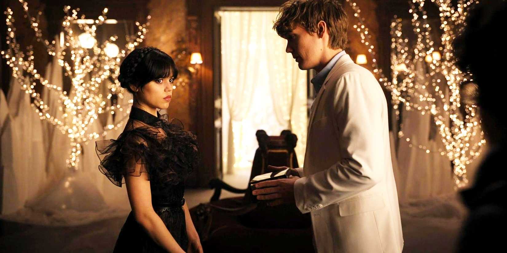 Jenna Ortega and Hunter Doohan dance with Tyler Galpin in Wednesday's episode 8