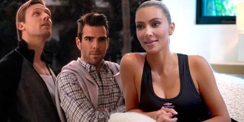 Zachary Quinto and Teddy Sears in American Horror Story while Kim Kardashian sits on the couch in The Kardashians