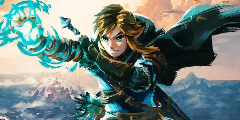 Link with his glowing Zonai arm from Tears of the Kingdom outstretched. Behind him is a landscape showing Hyrule Castle from Breath of the Wild, surrounded by Calamity Ganon.
