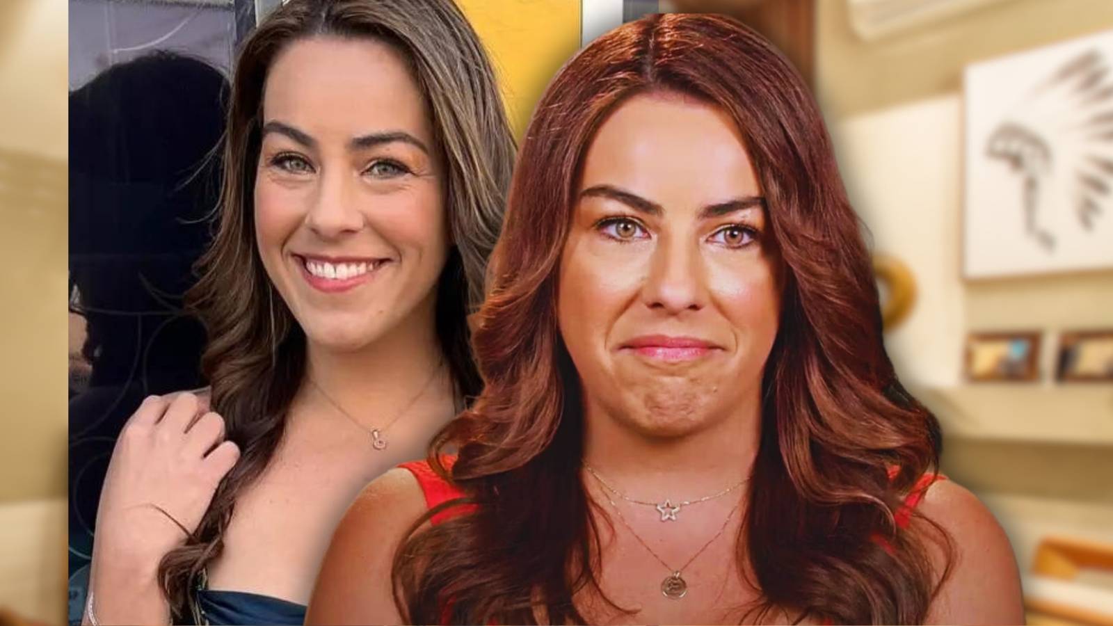 Montage of Veronica Rodriguez from 90 Day: The Single Life wearing orange dress and smiling during confessional interview and posing for the camera in blue dress in the background