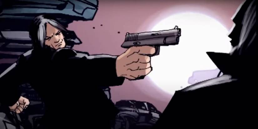 Agent Shepard pointing a gun