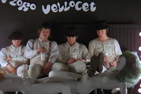 Alex (Malcolm McDowell)and his droogs drinking milk in A Clockwork Orange