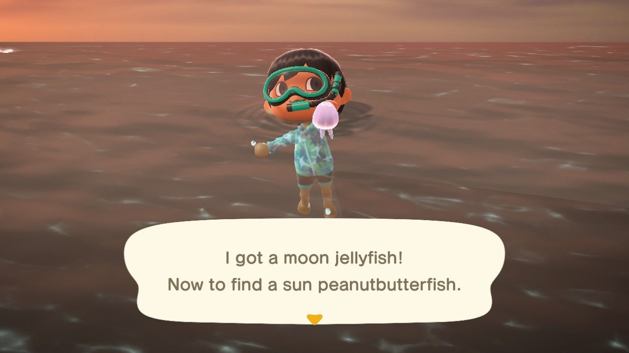 Animal Crossing New Horizons Player catching moon jellyfish in the ocean