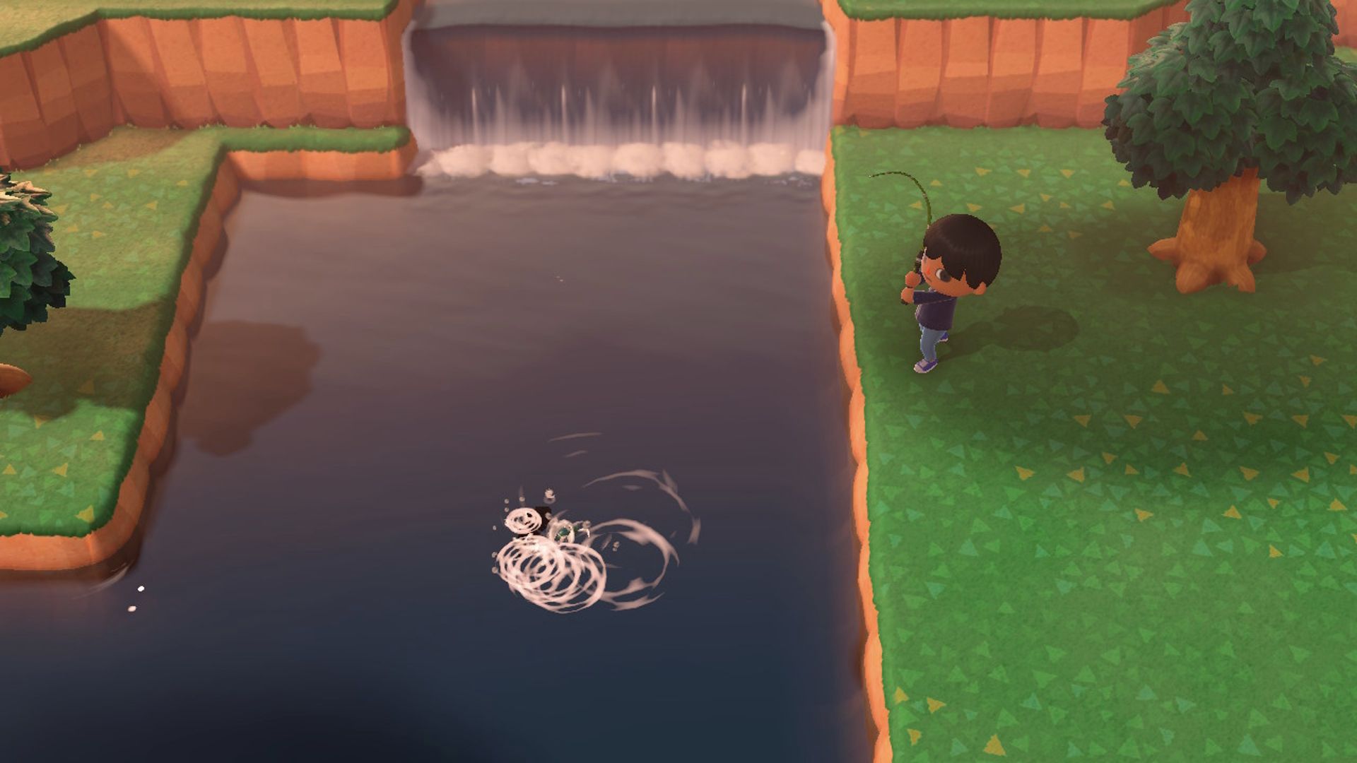 Animal Crossing New Horizons Player Fishing in the river near the waterfall at sunset