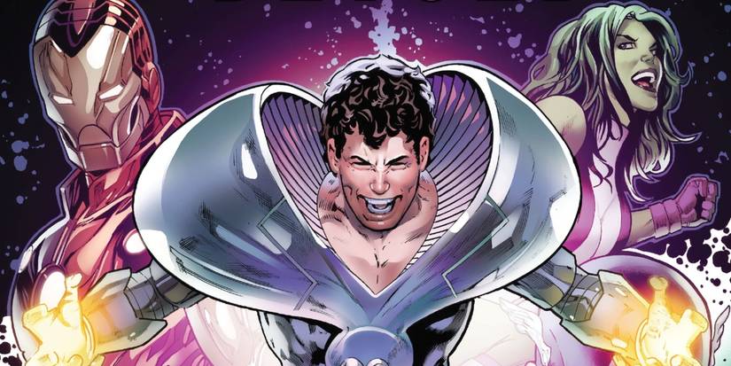 The Beyonder from Marvel Comics with Iron Man and She-Hulk at each side.
