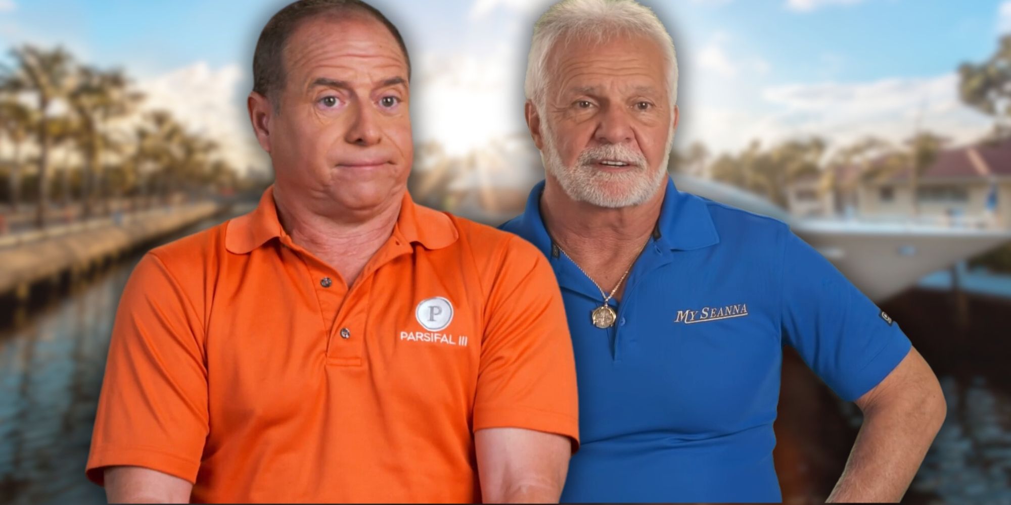 Below Deck's Captain Lee Rosbach and Glenn Shephard in front of water