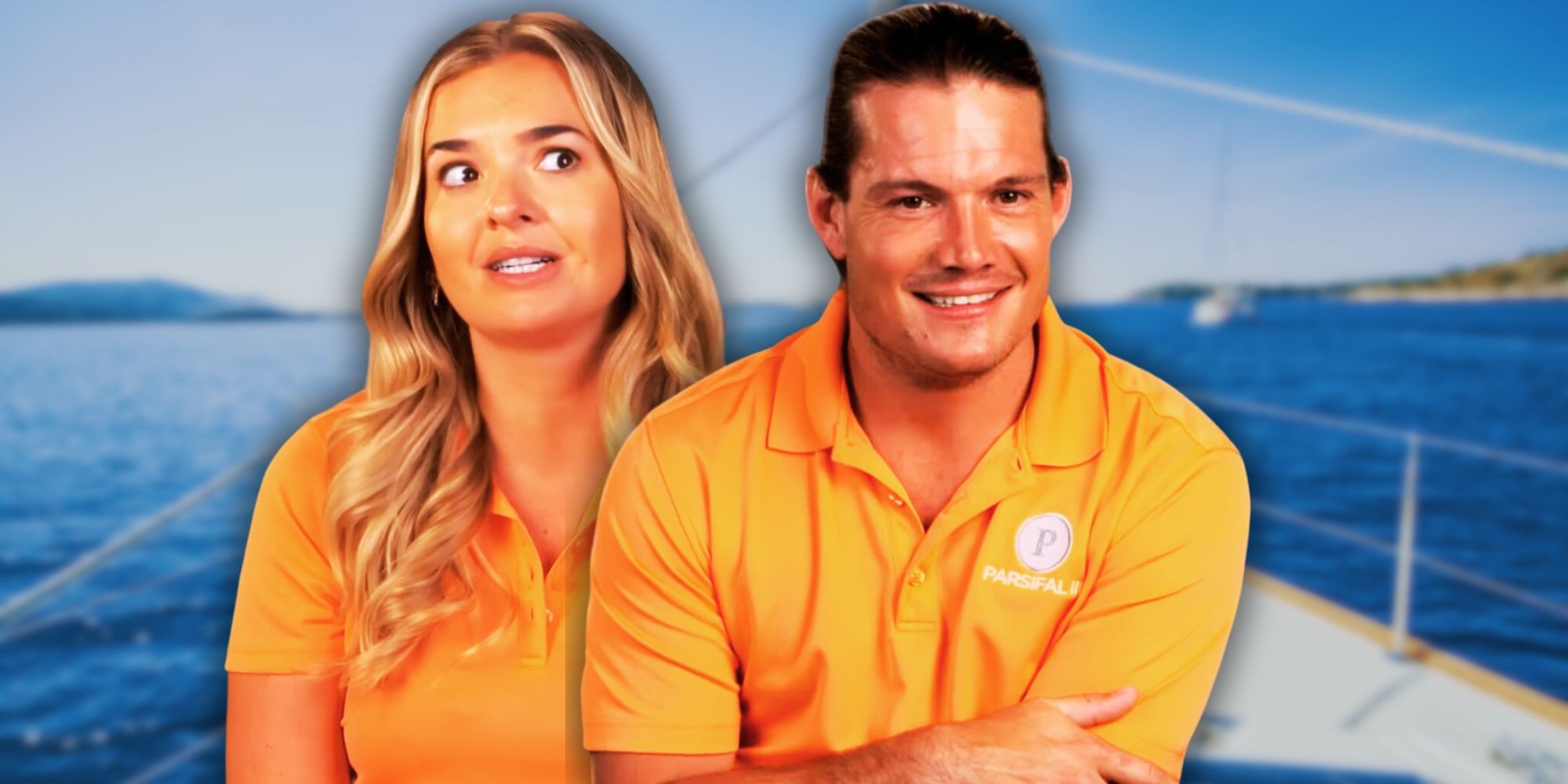 Below Deck Sailing Yacht's Daisy looking surprised and Gary smiling with a yacht in the background in their orange uniforms